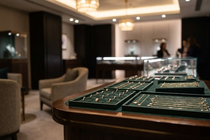 A jewellery showroom counter where AI agents in cross-border payments streamline supplier settlement