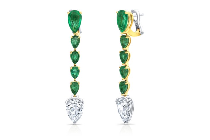 Amden Jewelry emerald and pear diamond drop earrings at the Edmonton jewellery trade show