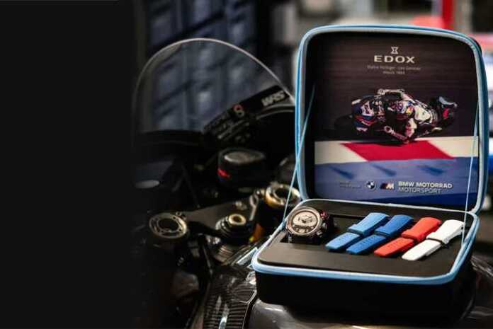 Edox watch and BMW Motorrad Motorsport travel case, part of the brand's 142nd anniversary collection