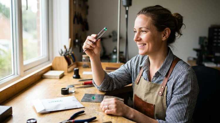 Female jeweller smiling as she examines a loose emerald in gem tweezers at her workbench