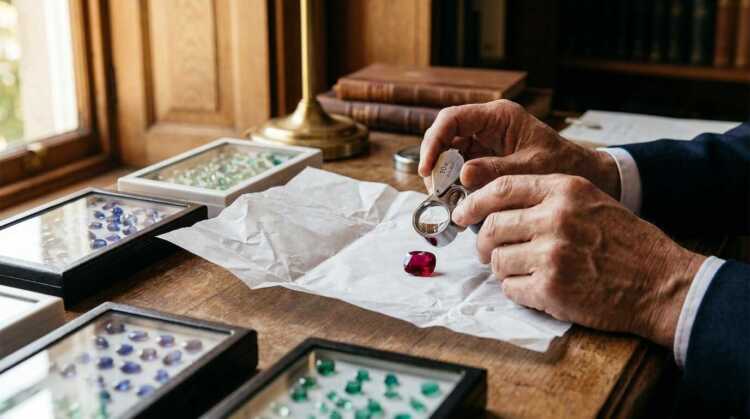 Jeweller examining a loose coloured gemstone with a 10x loupe beside an open gem parcel