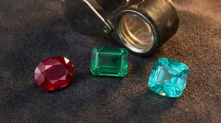 Gemstone origin premium comparison: loose ruby, emerald and Paraíba-type tourmaline side by side