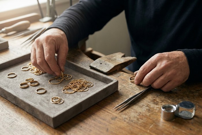 Goldsmith sorting light gold chain during the jewellery luxury rebound