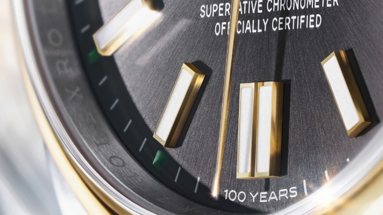 Slate dial of the Oyster Perpetual 41 showing the 100 YEARS marking and Superlative Chronometer certification