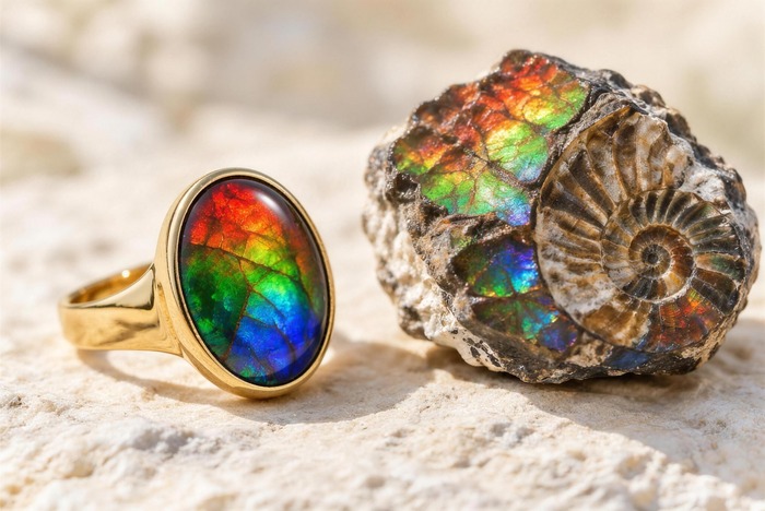 An ammolite triplet ring beside a raw ammonite fossil with iridescent ammolite