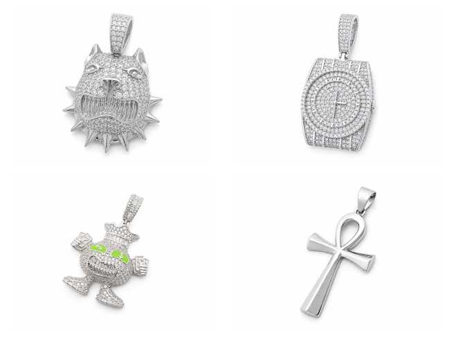 ANK rhodium plated silver hip hop pendants: pitbull, watch face, money bag and ankh