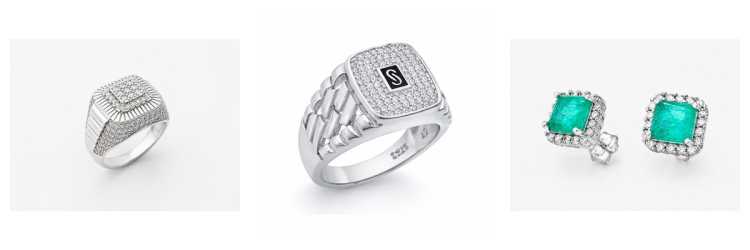 ANK sterling silver signet rings and halo earrings, rhodium plated