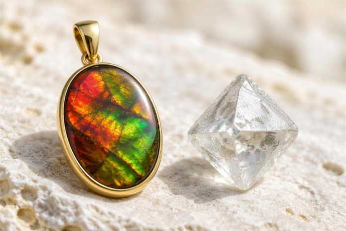 Canadian diamond mines and ammolite: a rough diamond beside an ammolite pendant