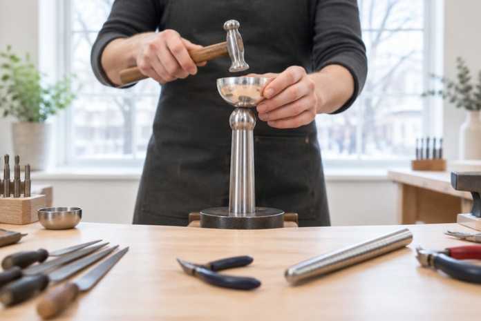 Canadian studio jewellers: a goldsmith raising a silver bowl at a one person bench