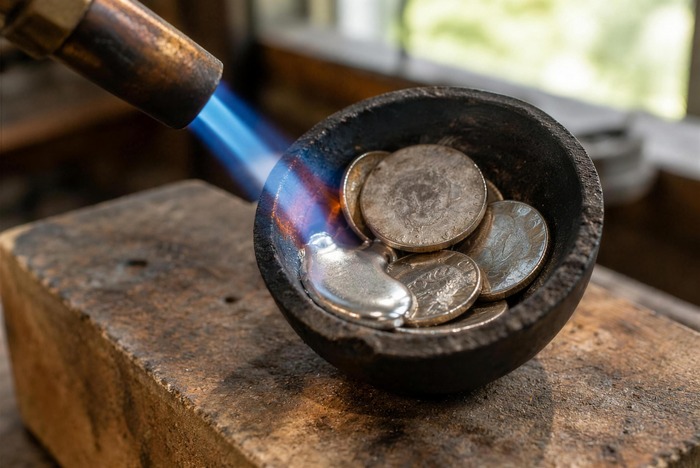 Worn silver coins melting in a crucible, the method Haida smiths used to make coin silver bracelets