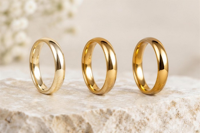 Three gold bands from pale to rich yellow, showing the colour difference between 10, 14 and 18 karat gold