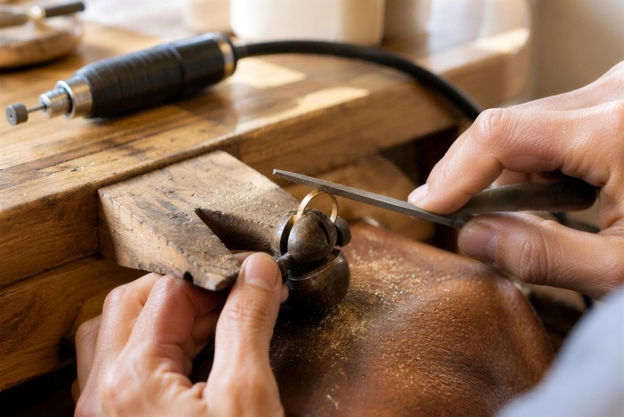 A goldsmith filing a gold ring at the bench pin