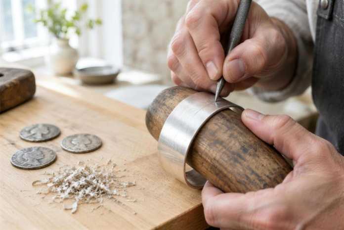 Haida silver bracelet technique: a silversmith engraving a curved silver cuff on a wooden mandrel