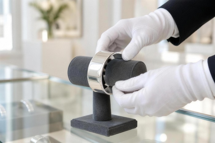 A plain silver cuff placed in a jewellery showcase, the way a Haida silver bracelet should be presented beside fine gold