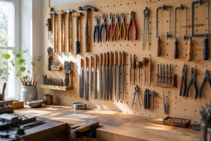 A wall of hand tools above the bench in a Canadian studio jeweller's workshop