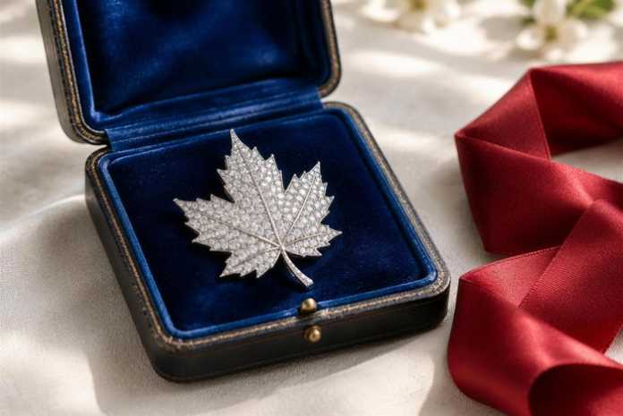 Maple leaf brooch set with diamonds in a blue velvet presentation box