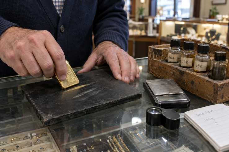 Precious metal testing with a touchstone and acid kit