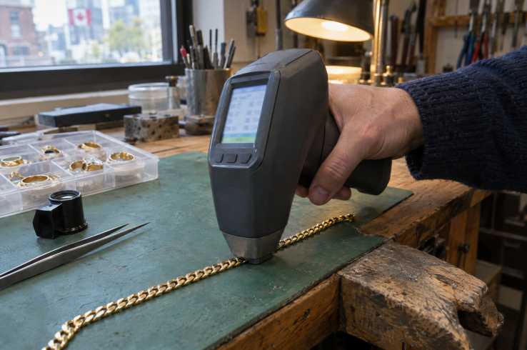 Handheld XRF analyser testing a gold chain on a jeweller's bench
