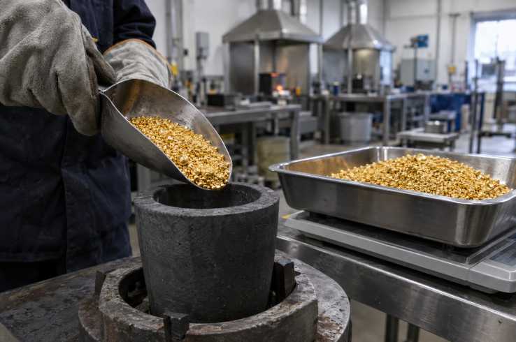 Refined gold grain being poured into a crucible at a precious metals refinery
