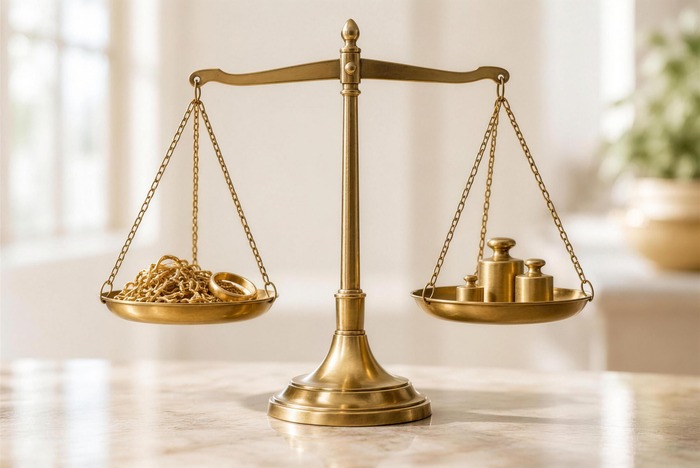 Old gold chains weighed on a brass scale, the first step in turning scrap into recycled gold jewellery