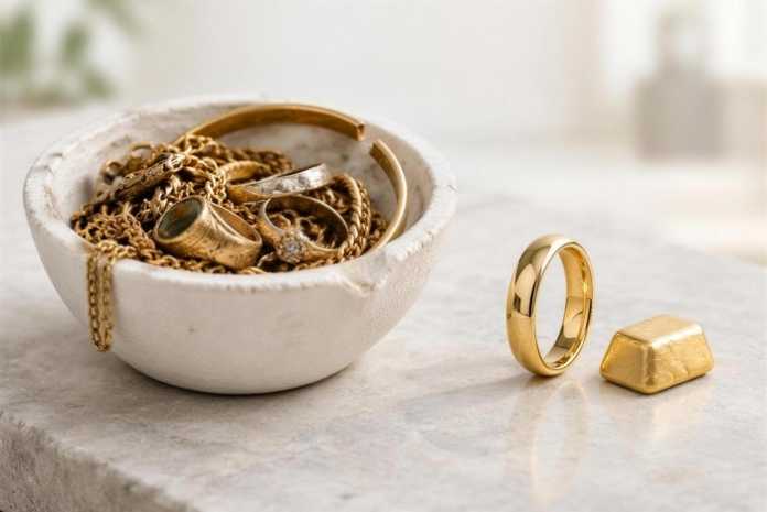 Recycled gold jewellery: old chains and rings in a crucible beside a new gold band