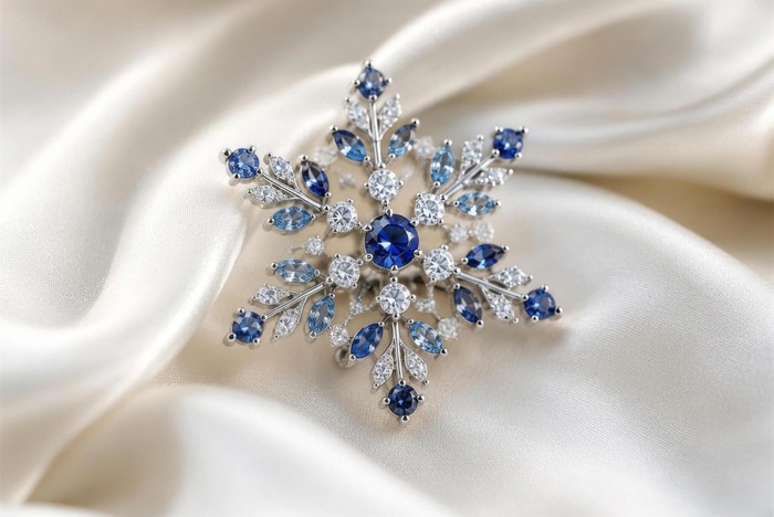 A snowflake brooch set with sapphires and diamonds, companion in spirit to the maple leaf brooch