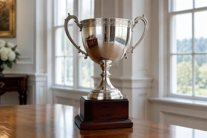 A sterling silver trophy cup on a wooden plinth, the form of Canada's great sporting trophies