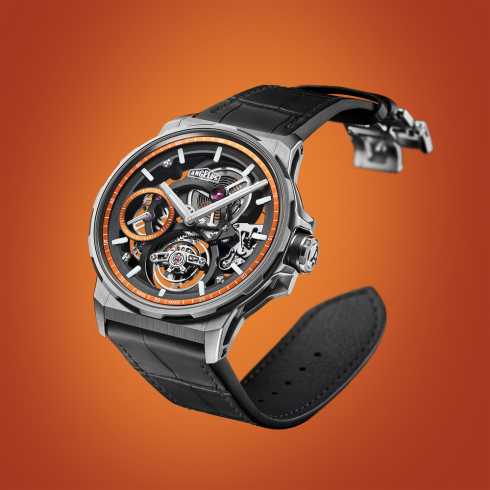 Angelus Flying Tourbillon Skeleton Titanium Orange Edition showing its open dial and flying tourbillon