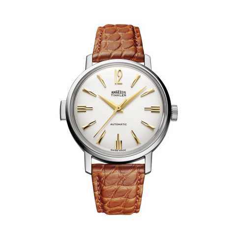 Angelus Tinkler 1958 quarter repeater in steel with a white dial and brown leather strap