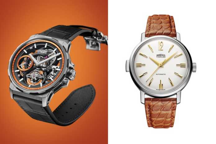 Angelus watches in Canada, the Flying Tourbillon Skeleton Titanium Orange Edition and the Tinkler 1958, sold by Humbertown Jewellers in Toronto