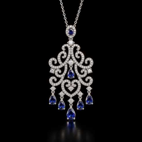ARAM Jewellery chandelier pendant with blue pear stones and diamond scrollwork