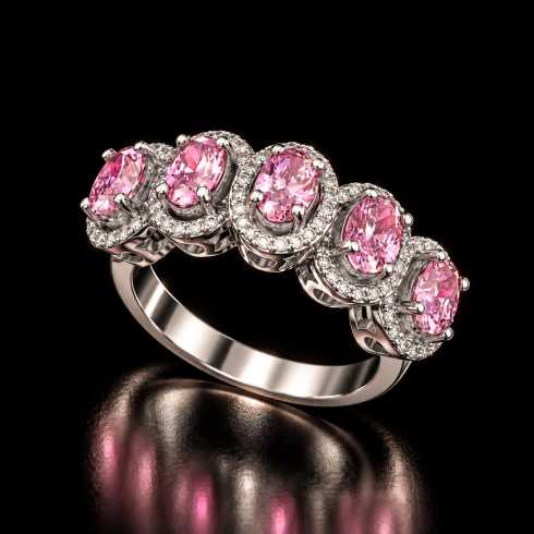 ARAM Jewellery five stone ring with oval pink stones and diamond halos