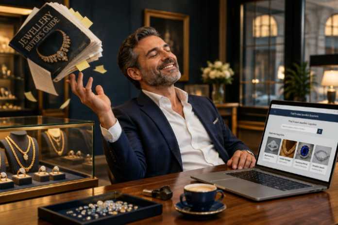 Jeweller tossing a printed buyer's guide aside to use the Canadian Jeweller jewellery supplier directory online